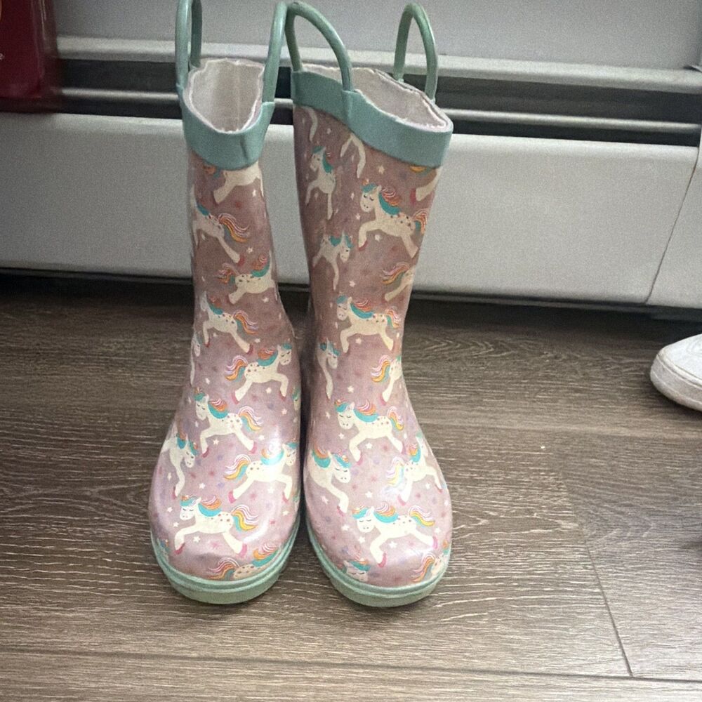 Ashley F&F Splash Kids US 13 Pink Unicorn Rubber Rain Boots Pull-On Mid-Calf